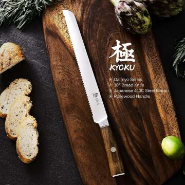 KYOKU Daimyo Series 4.5" Paring Knife + 7" Santoku Knife + 10'' Bread Knife - Japanese 440C Stainless Steel - Rosewood Handle