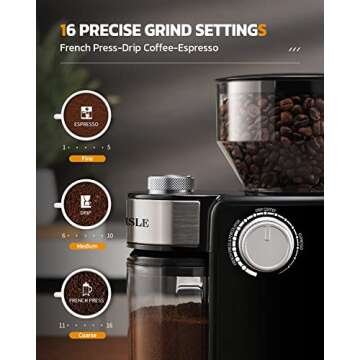 KIDISLE Electric Burr Coffee Grinder2.0, Automatic Flat Burr Coffee for French Press, Drip Coffee and Espresso, Adjustable Burr Mill with 16 settings, 14 Cup, Stainless Steel