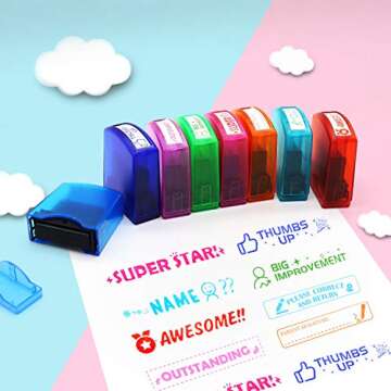 Reliancer 8PCS Teacher Stamp Set Colorful Self-Inking Motivation School Grading Stamps Encouraging Comments Classroom Homework Rating Stamp Office Stationery Stamps with Storage Tray