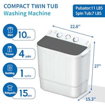 Portable Twin Tub 18lbs Washing Machine, Buy (washer) Get (Dry Rack+10 Hangers) Free! Mini Compact Laundry Lavadora Portatil, Twin Tub 11lbs Washer & 9lbs Spinner, Clothes Washing Machines