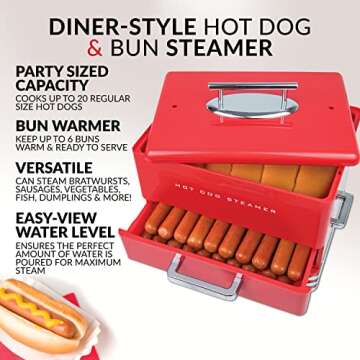 Nostalgia Extra Large Diner-Style Steamer 20 Hot Dogs and 6 Bun Capacity, Perfect for Breakfast Sausages, Brats, Vegetables, Fish