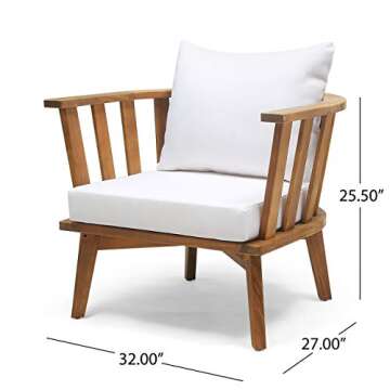 Christopher Knight Home Dean Outdoor Wooden Club Chair with Cushions, White and Teak Finish