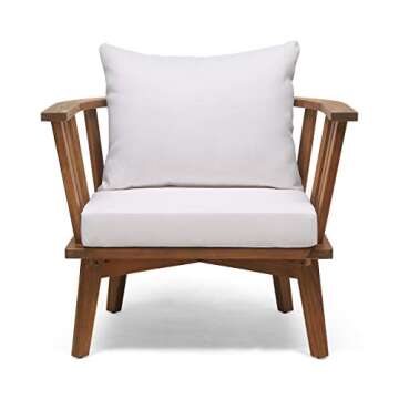 Christopher Knight Home Dean Outdoor Wooden Club Chair with Cushions, White and Teak Finish