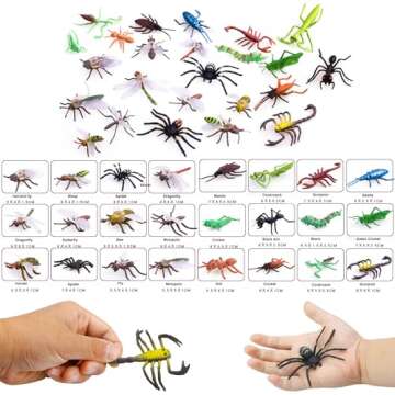 PINOWU Insect Bug Toy Figures for Kids Boys Girls (24pcs), 2-4” Fake Bugs - Spiders, Cockroaches, Scorpions, Crickets, Lady Bugs, Mantis and Worms for Education and Christmas Party Favors