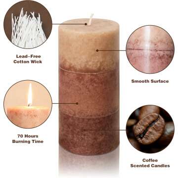 Coffee Pillar Candles, Aromatherapy Scented Candles, Set of 3 Tall 3x6 Inch Dripless Pillar Candle, for Wedding and Home Décor