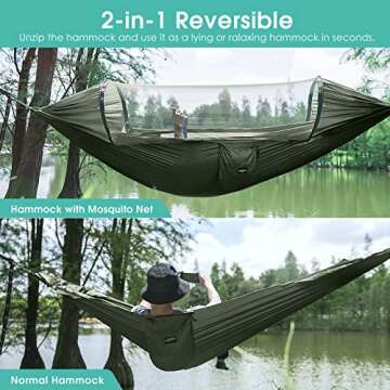 G4Free Large Camping Hammock with Mosquito Net 2 Person Pop-up Parachute Lightweight Hanging Hammocks Tree Straps Swing Hammock Bed for Outdoor Backpacking Backyard Hiking (New Army Green)