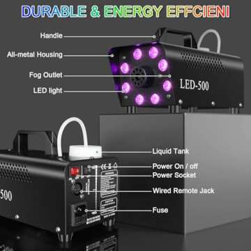 Upgraded Fog Machine Smoke Machine with 13 Colorful 8 Led Lights, 500W and 2000CFM Fog with Wired Wireless Remote Controls, Perfect for Indoor Outdoor Wedding, Halloween, Party and Stage Effect