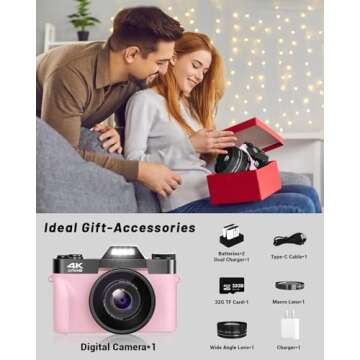 VJIANGER 4K Vlogging Camera for YouTube 56MP Digital Camera for Photography and Video with 180°Flip Screen, 16X Digital Zoom, 52mm Wide Angle & Macro Lens, 32GB Micro SD Card, 2 Batteries(Pink)