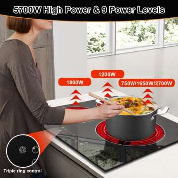 Karinear Electric Ceramic Cooktop, 24 Inch Electric Cooktop, 3 Burners Built-in Radiant Electric Stove Top with Timer, Child Safety Lock, Sensor Touch Control, 5700W 220-240V Hard Wire(NO PLUG)