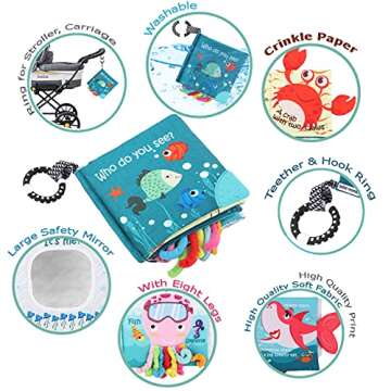 Fish Baby Books Toys, Touch Feel Cloth Crinkle Books for Babies,Baby Infant Toys 0-6, 6-12, 12-18 Months,Early Learning Education Toys,Shower Baby Gifts for Boys Girls,Teething,Mirror,Shark Ocean Book