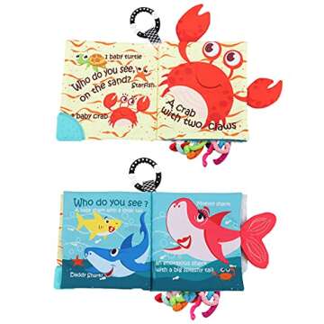 Fish Baby Books Toys, Touch Feel Cloth Crinkle Books for Babies,Baby Infant Toys 0-6, 6-12, 12-18 Months,Early Learning Education Toys,Shower Baby Gifts for Boys Girls,Teething,Mirror,Shark Ocean Book