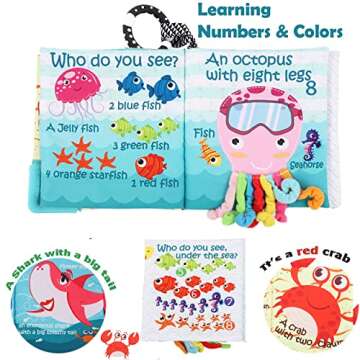 Fish Baby Books Toys, Touch Feel Cloth Crinkle Books for Babies,Baby Infant Toys 0-6, 6-12, 12-18 Months,Early Learning Education Toys,Shower Baby Gifts for Boys Girls,Teething,Mirror,Shark Ocean Book