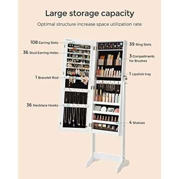 SONGMICS Jewelry Cabinet Armoire, Freestanding Lockable Storage Organizer Unit with 2 Plastic Cosmetic Storage, Full-Length Frameless Mirror, for Necklace Earring, White UJJC002W01