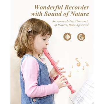 Eastar Soprano Recorder Instrument for Kids Beginners, German Fingering C Key Recorder Instrument 3 Piece with Cleaning Kit, Thumb Rest, Cotton Bag, Fingering Chart, ERS-21GP, Pink, School-Approved