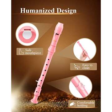 Eastar Soprano Recorder Instrument for Kids Beginners, German Fingering C Key Recorder Instrument 3 Piece with Cleaning Kit, Thumb Rest, Cotton Bag, Fingering Chart, ERS-21GP, Pink, School-Approved