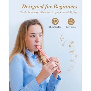 Eastar Soprano Recorder Instrument for Kids Beginners, German Fingering C Key Recorder Instrument 3 Piece with Cleaning Kit, Thumb Rest, Cotton Bag, Fingering Chart, ERS-21GP, Pink, School-Approved