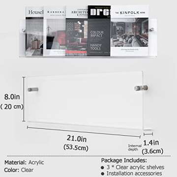 XOHYW Clear Acrylic Brochure Holder Wall Mount 3 Tier, Hanging Bookshelf Magazine Rack Literature Storage Rack for Waiting Room, Living Room, Office, Home Display