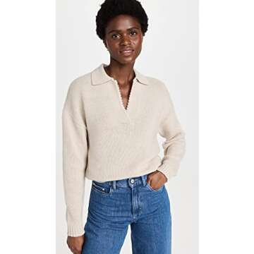 Theory Women's Scallop Polo Sweater, Ecru Heather, Off White, M