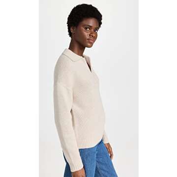 Theory Women's Scallop Polo Sweater, Ecru Heather, Off White, M