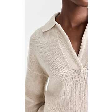 Theory Women's Scallop Polo Sweater, Ecru Heather, Off White, M