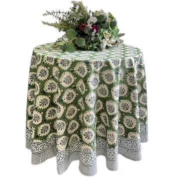 ATOSII Kari Green 100% Cotton Round Boho Spring Summer Tablecloth, Block Print Floral Table Cloth Linen for Dining, Parties, Weddings, OutdoorsI Home Table Decor 90" Inches Round