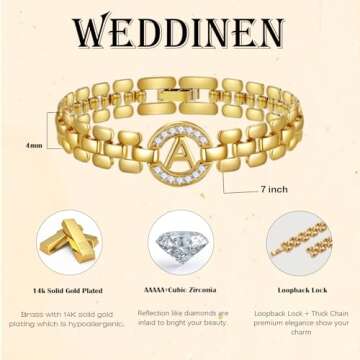 WEDDINEN Initial Bracelet,14K Gold Plated Letter Bracelets for Women, Thick Bangle Wrist Gold Alphabet Bracelet for Women, Christmas Gifts for Women Jewelry Initial S Charm Chain