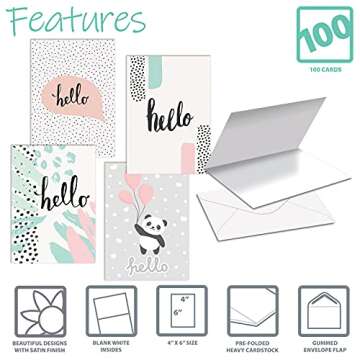 Better Office Products Hello Greeting Cards, All Occasion Cards, 4 x 6 inch, 4 Fun Variety Cover Designs, Blank Inside, Thinking of You Cards, Hello Note Cards, with Envelopes, 100 Pack