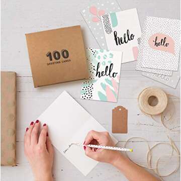 Better Office Products Hello Greeting Cards, All Occasion Cards, 4 x 6 inch, 4 Fun Variety Cover Designs, Blank Inside, Thinking of You Cards, Hello Note Cards, with Envelopes, 100 Pack