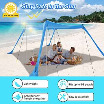 Beach Tent Sun Shelter with UPF 50+ UV Protection, Beach Canopy Sun Shade 11x11 FT with Sandbags, Poles and Ground Pegs and Anti-Wind Ropes, Pop Up Tent for Camping, Backyard and Picnics