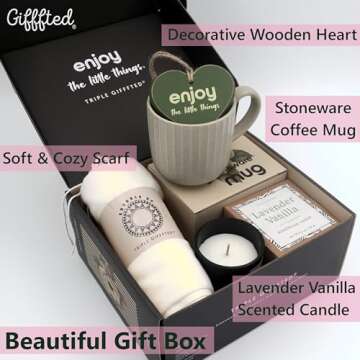 Triple Gifffted Gift Set for Women Including Coffee Mug Candle Wooden Heart Soft Scarf for Mom Wife Sisters Best Friend, Anniversary Valentines Christmas Mother Day Birthday Get Well Thank You