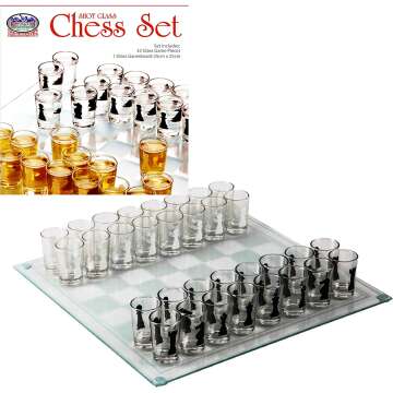 Matty's Toy Stop Small Shot Glass Chess Set Drinking Game Set (10" x 10") with Plastic Shot Glasses (1.5") and Glass Game Board - Drunken Chess