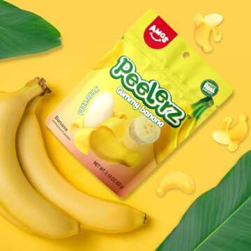 Amos Peelable Banana Gummies, Banana Peeling Candy, Peelerz Fruit Snacks Fat Free, Resealable 2.19oz Bag (Pack of 3)