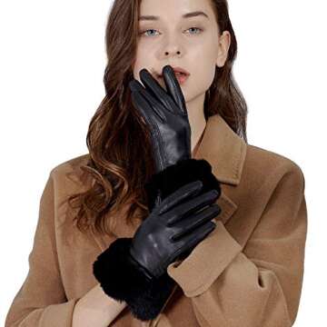 GSG Women Leather Gloves Rabbit Fur Cuff Touchscreen Winter Warm Driving Gloves Black S