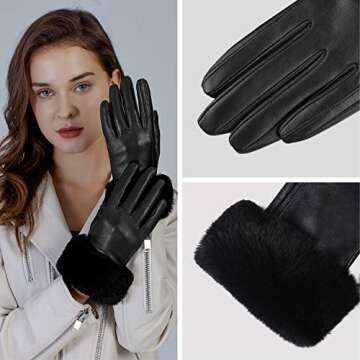 GSG Women Leather Gloves Rabbit Fur Cuff Touchscreen Winter Warm Driving Gloves Black S