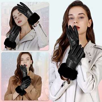 GSG Women Leather Gloves Rabbit Fur Cuff Touchscreen Winter Warm Driving Gloves Black S