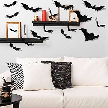 DIYASY Large Bats Halloween Decoration, 3D Hanging Bat Wall Décor Plastic Stickers for Home Party Room Decorations Waterproof Black Spooky Bats 4 Size 96 Pack