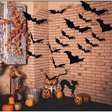 DIYASY Large Bats Halloween Decoration, 3D Hanging Bat Wall Décor Plastic Stickers for Home Party Room Decorations Waterproof Black Spooky Bats 4 Size 96 Pack