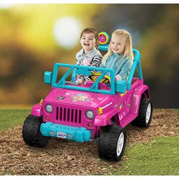 Fisher-Price Power Wheels Battery Powered Barbie Jeep Wrangler Car with Steering Wheel, Music Playing Radio, Roll Bar, and Power Lock Brakes