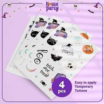 HOUSE OF PARTY Halloween Temporary Tattoos for Kids - 112 PCS Hocus Pocus Stickers, Bat Tattoos, Skull Stickers, Witch Tattoos, Spider Webs - Ideal for Hocus Pocus Party Favors and Decorations!