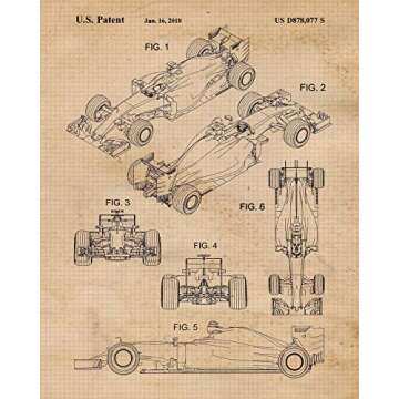 Classic F1 Racing Cars Patent Prints, 6 (8x10) Unframed Photos, Wall Art Decor Gift for Home Enzo Ferrari Office Engine Garage Shop College Student Teacher Coach Formula Racing Team Indy Champs Fan