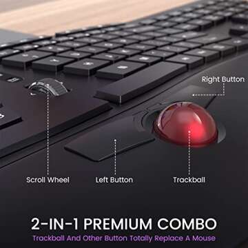 Ergonomic Keyboard, 2 in 1 Wireless Computer Keyboard and Trackball Mouse Combo Design with Wrist Rest, Split Keyboard, USB Keyboard for Windows/Mac/Laptop/Computer/PC-Black