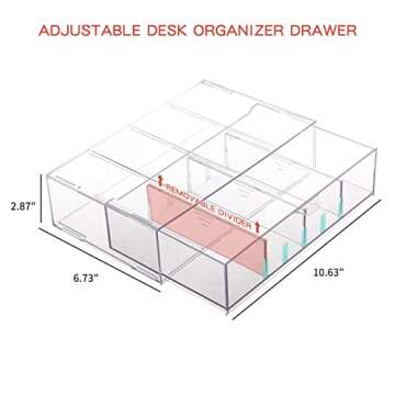 Yesesion Clear Plastic Cable Organizer Drawer with 4 Adjustable Compartment and 20pcs of Wire Ties, Large Electronics Cord Management Box, Desk Accessories Storage Case for Office Supplies