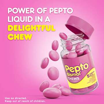 Pepto Bismol Chews, Fast and Effective Digestive Relief from Nausea, Heartburn, Indigestion, Upset Stomach, Diarrhea, 72 Total (3 Packs of 24)