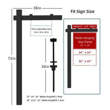 Qikdesign Vinyl PVC Real Estate Sign Post with Flat Cap 6' Tall - Commercial Grade Yard Sign Holder - 36" Arm Holds Up to 24" Sign - Black (No Sign)