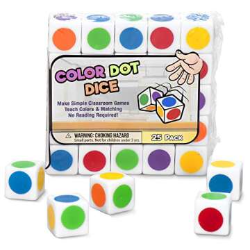 Color Dot Dice (25-Pack) | Customizable Blank Six Sided 16mm Dice | Education & Learning | Make Simple Classroom Games, Teach Primary & Secondary Colors | Matching, No Reading Required