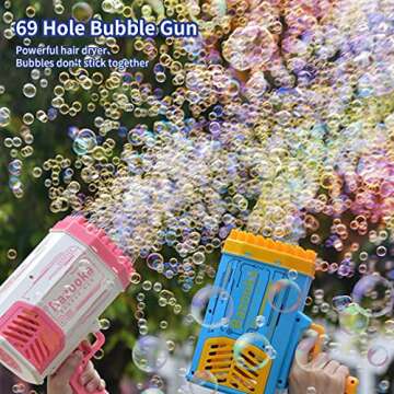 Bubble Gun for Toddlers Kids Adults, Bubble Machine with Lights, 20 Bubble Solution, 69 Holes Bubble Machine Gun for Wedding Birthday Party Easter Gifts, Outdoor Toys - Pink Bubble Maker