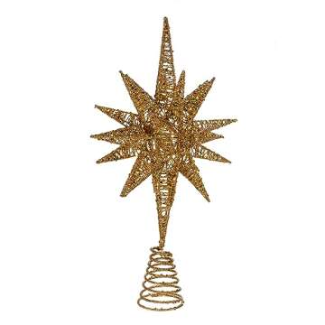 Kurt Adler Un-Lit Gold Glitter Wire 3D Star Treetop, 16.5-inch Length, Gold-Tone, Metal, Holiday Decor