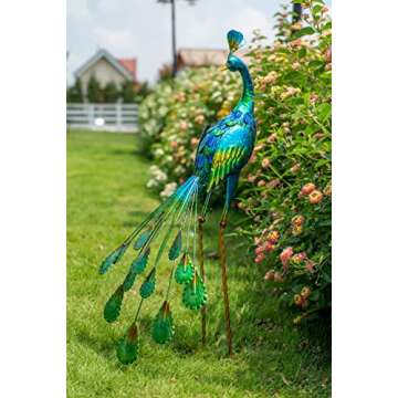 TERESA'S COLLECTIONS Outdoor Decor Peacock Yard Art Garden Sculptures & Statues,Blue&Green Large Metal Bird Lawn Ornaments,35inch Outside Decorations for Porch,Patio,Pond,Pool,Backyard,Party Decor