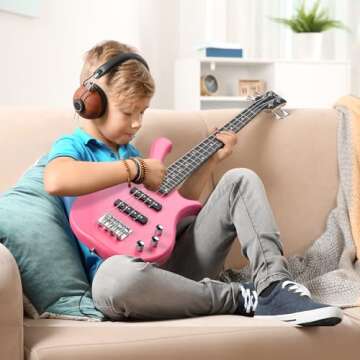 GLARRY 4 String Electric Bass Guitar, 36-inch Bass Guitar Beginner Kit with Cable, Strap and Bag for Kids, Boy and Girl (Pink)