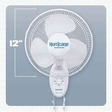 Hurricane Supreme 12” Portable Oscillating Wall Mount Fan, Space Saving, Powerful, and Quiet 3 Speed Airflow, Adjustable Tilt for Home and Workshop